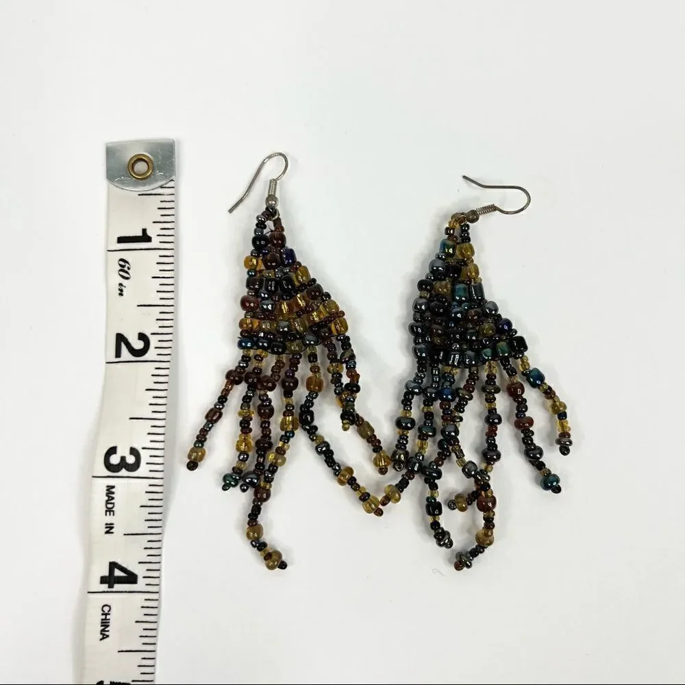 𝅺navy Blue and Brown Beaded Long Fringe Dangle Earrings